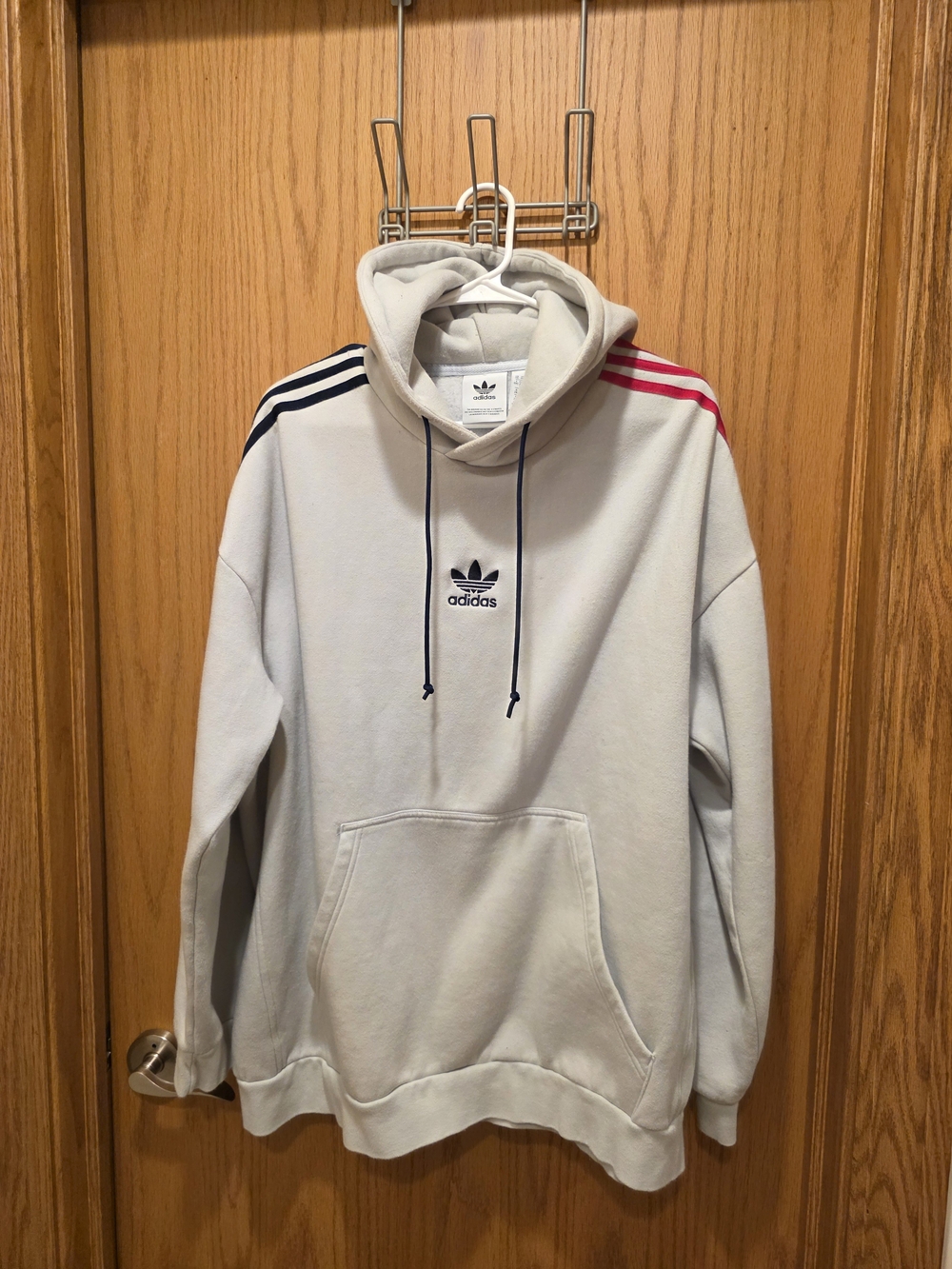 adidas Grey Hoodie with Navy and Red Shoulder Stripes